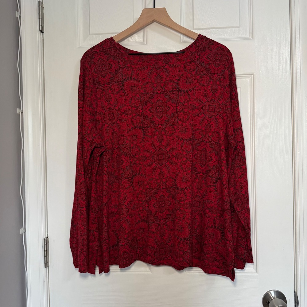 J. Jill Red Paisley bandana Pima Cotton Crew Neck Long Sleeve Tee Top 2X